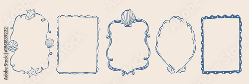 Hand drawn blue coastal frames and borders set
