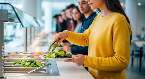 Young woman choosing fresh salad from a buffet line in a modern cafeteria