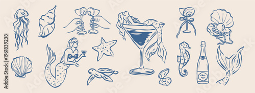Set of hand drawn mermaid elements. Marine creatures, seashells, tail, glass