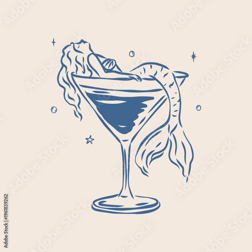Hand drawn mermaid sitting in glass illustration