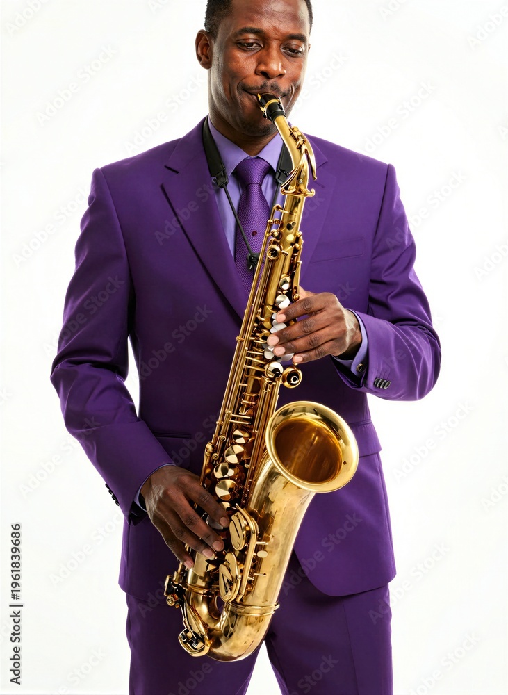 Fototapeta premium Elegant Jazz Saxophonist in Purple Suit and Instrument
