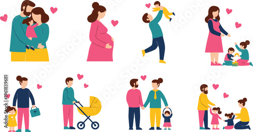 Happy family moments collection with parents, children and baby activities, love and parenting scenes set, flat people vector illustration isolated on white background