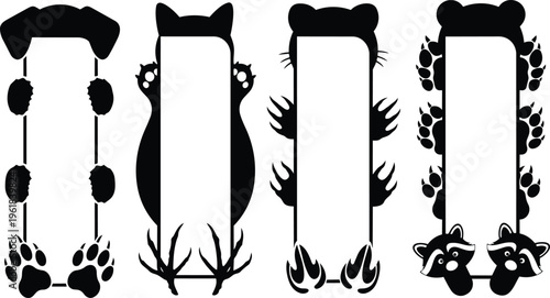 Vertical decorative banners featuring animal silhouettes and paw prints for pet store marketing and nursery room decor