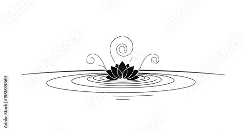 Serene black lotus flower blooms on tranquil water with delicate ripples and swirling lines.