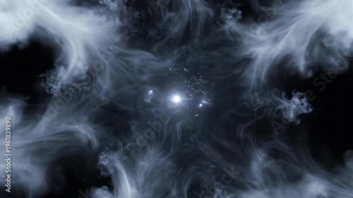 Abstract White Smoke Explosion on Black Background with Central Light Source.