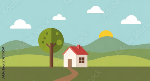 Small white house with red roof and brown door on green hillside with tree and sunny sky