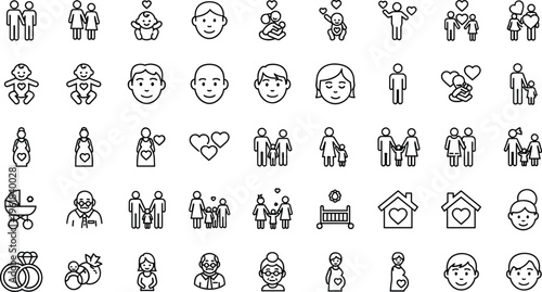 Family and people line icons collection with parents, children, baby and relationships symbols, minimal outline vector set isolated on white background