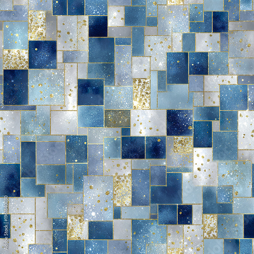 Blue gold glitter tile pattern with watercolor texture and splatter effect, creating stylish and elegant seamless background for design projects and decoration