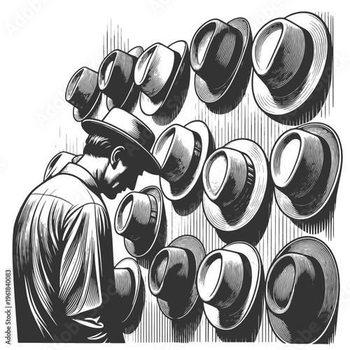 man looking at a rack of different hats, symbolizing choice, personal style, fashion decisions, and identity sketch engraving generative ai vector illustration. Scratch board. Black and white image.