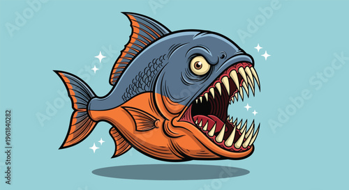 Aggressive Piranha Fish Illustration with Sharp Teeth and Fierce Expression.