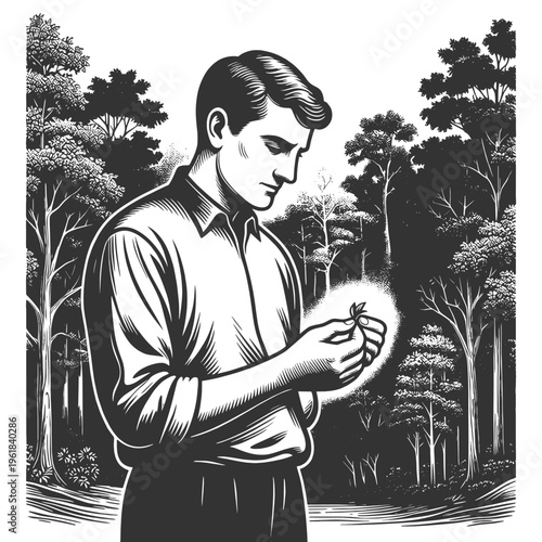 man holding a tiny seedling while standing before a large forest, conservation, growth, and environmental responsibility sketch engraving generative ai vector illustration. Black and white image.
