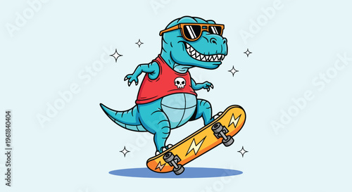 Cool Dinosaur Riding Skateboard Wearing Sunglasses and Tshirt.