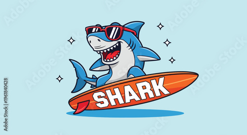 Photography Cute cartoon shark surfing on a surfboard with sunglasses.