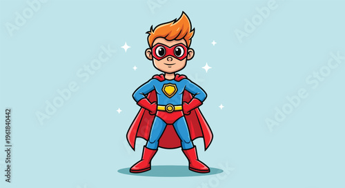 Cute Cartoon Superhero Boy Standing Confidently.