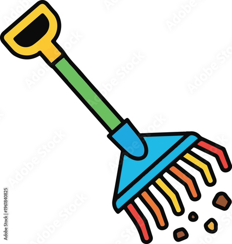 Garden Rake Collecting Leaves and Soil Cartoon Vector Illustration