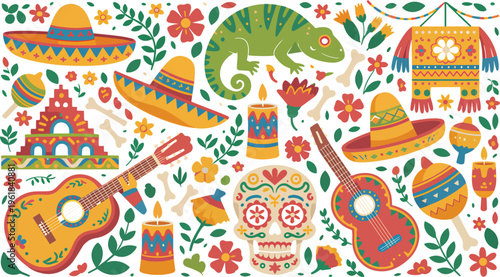 Cinco de Mayo Mexican Holiday Banner with Sugar Skull, Sombrero, Guitar and Alebrije Piñata Vector Illustration