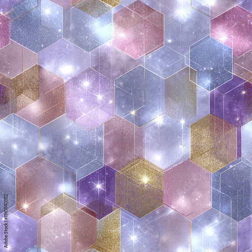Glam sparkle overlay texture with pastel palette hexagon tiles in soft purple, pink, blue, and gold tones creating dreamy, elegant, and magical abstract background design