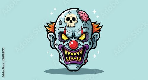 Scary Zombie Clown Head with Skull and Brains.