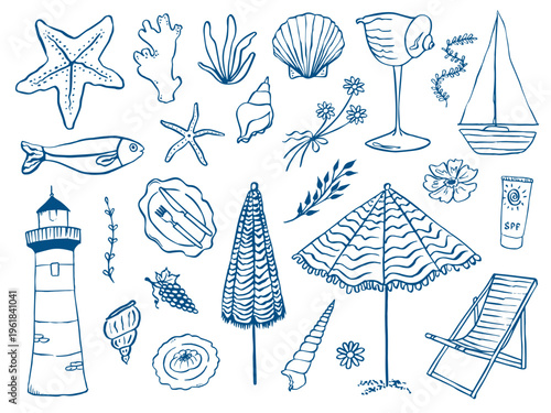 Vector whimsical collection of Mediterranean sea vacation illustration. Ink hand drawn set