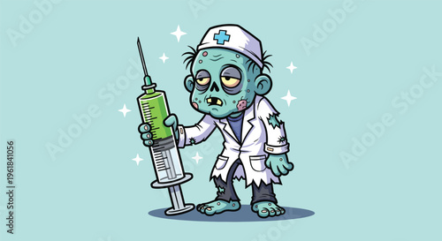 Zombie Doctor Holding Syringe Cartoon Illustration.