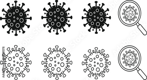 Virus and bacteria icons collection with magnified microbe symbols, medical pathogen shapes set, minimal outline and silhouette vector isolated on white background