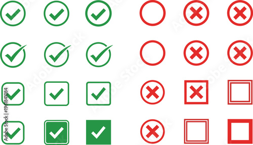 Check mark and cross icons collection with approval and rejection symbols, green tick and red cancel signs set, vector illustration isolated on white background