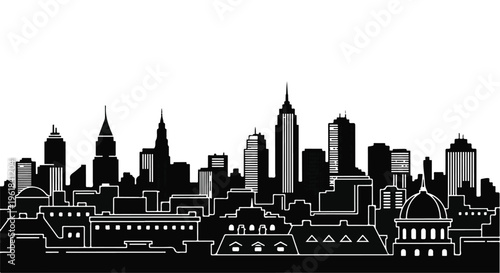 Monochromatic silhouette of a modern cityscape with diverse architectural styles under a bright sky.