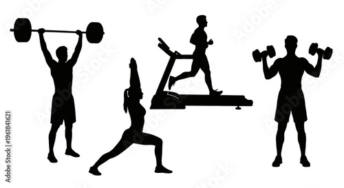Set of fitness silhouettes featuring people exercising: male weightlifter with barbell, woman practicing yoga, man running on a treadmill, and athlete lifting dumbbells. Healthy lifestyle concept.