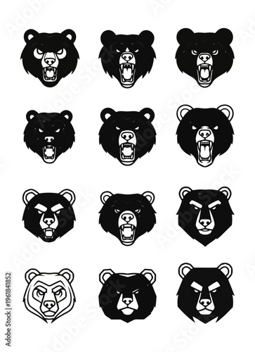 Stylized bear head collection on black background