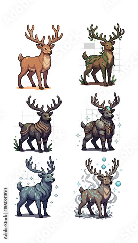 Stylized deer illustrations in various colors against dark background