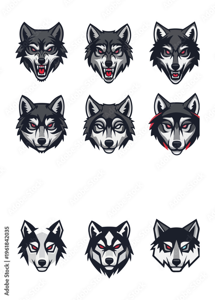Fototapeta premium Wolf head illustrations set design elements vector graphics