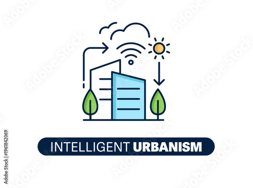 Smart City Building with WiFi and Arrows Icon – Intelligent Urbanism Line Illustration