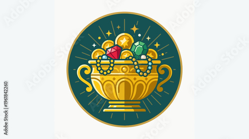 Gold Treasure Bowl Filled with Gems and Coins