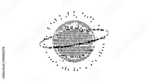 Digital globe with binary code orbit represents global connectivity and technology.