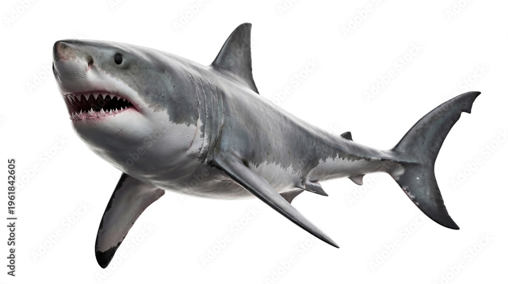 Fototapeta premium Formidable great white shark with powerful jaws open wide, revealing sharp teeth, isolated on transparent background.