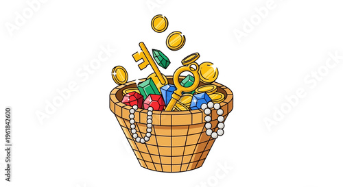 Cartoon Treasure Chest Overflowing with Jewels and Gold