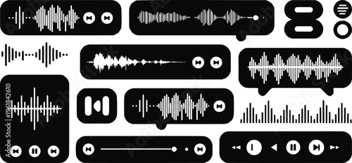 Vector set of audio sound wave icons and music playback interface elements including waveform bubbles and player controls isolated on white background