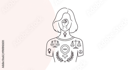 Woman with symbols of equality and justice on her body.