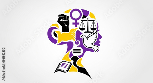 Female Silhouette Filled with Symbols of Equality Justice Peace and Strength.