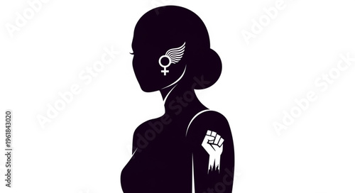Silhouette of a woman with feminist symbols on her ear and arm.