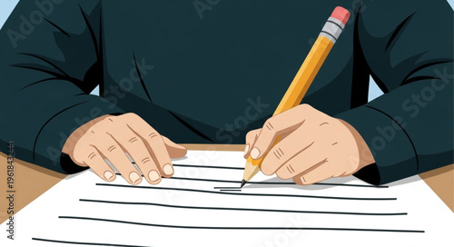 Person writing with a pencil on paper with lines.