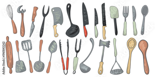 kitchenware cooking tools for culinary and Kitchen essentials stuff cookware utensil hand drawn illustration Culinary equipment Food preparation instruments. Chef gadgets Vintage