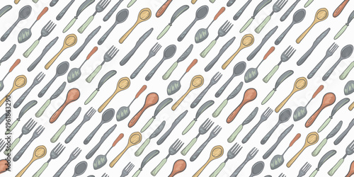 Seamless pattern kitchen stuff cooking essentials with knives, spoons and forks for food design projects.