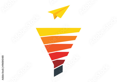 Marketing funnel illustration with paper plane taking flight from layered sales hierarchy.