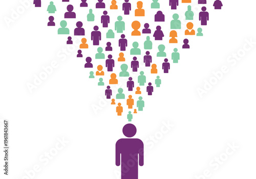 People silhouettes flowing into one person representing communication, audience, or connection.