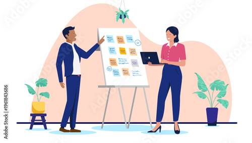 Diverse businesspeople brainstorming with sticky notes on whiteboard, team project planning and agile task management in modern office, creative collaboration, flat design vector illustration