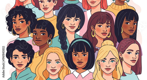 Diverse group of women with different ethnicities and hairstyles.