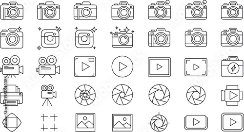 Photography and video camera line icon set collection with digital camera movie player shutter and printer vector illustration isolated on white background for media design