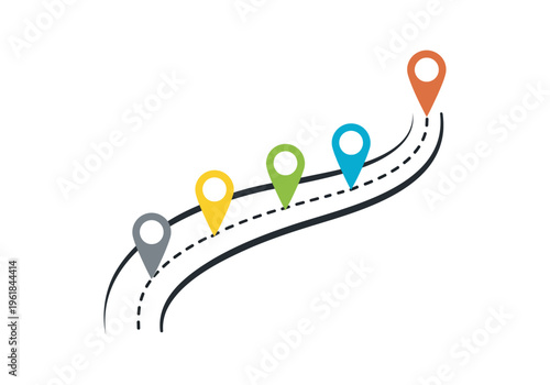 Winding road map with colorful location pins showing travel journey milestones and path way.