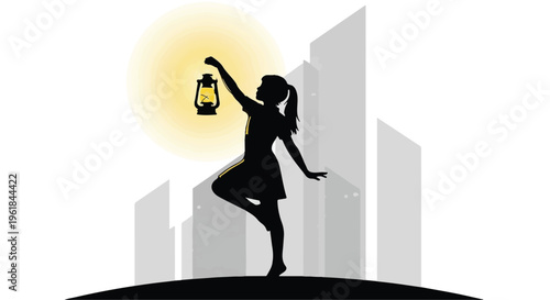 Young girl in silhouette holding a glowing lantern against a city skyline at dusk, symbolizing hope and guidance.